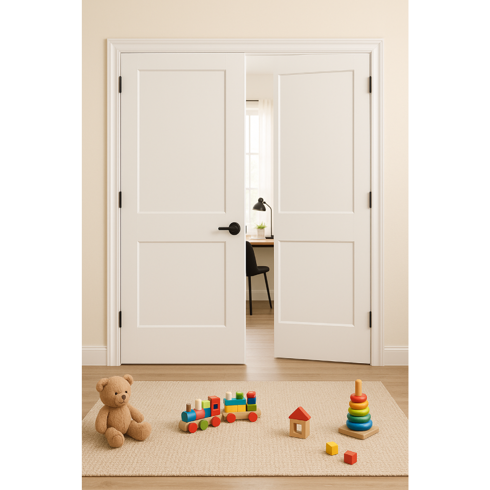 5/0x6/8 White Shaker 2-Panel Solid Core Primed MDF Prehung Interior French Door